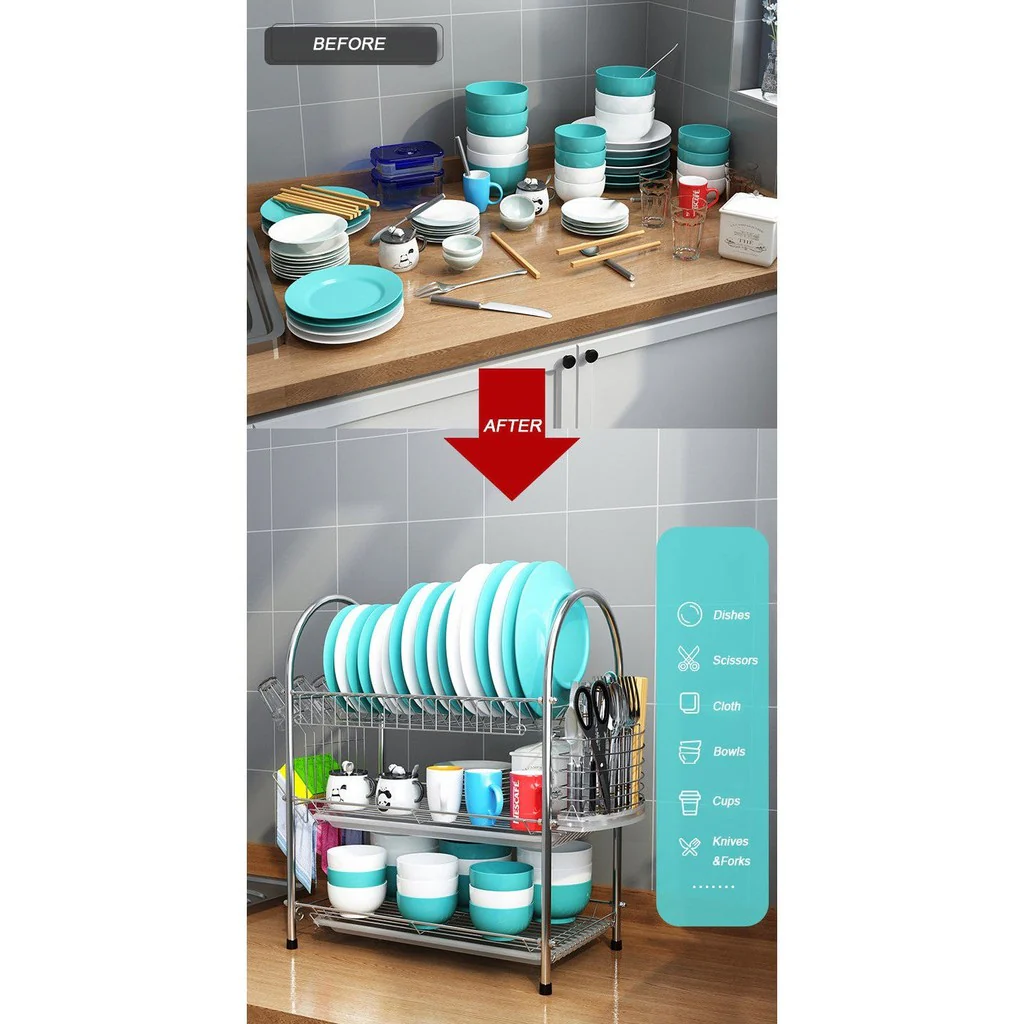 3 Tier Stainless Steel Dish Dring Rack With Mug Holder & Cutlery Drainer - Image 5