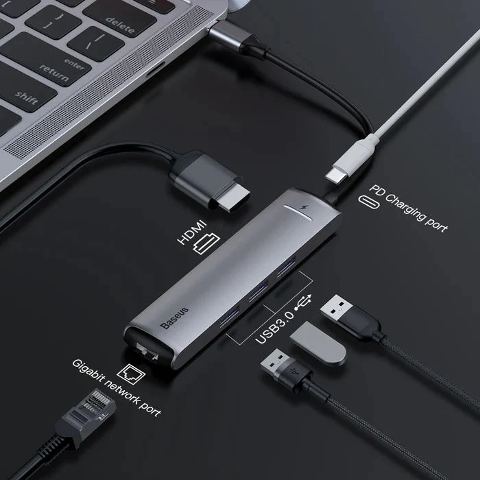 Adapter Baseus Adapter USB-C To 3XUSB HDMI USB-C 6in1 Silver - Image 2