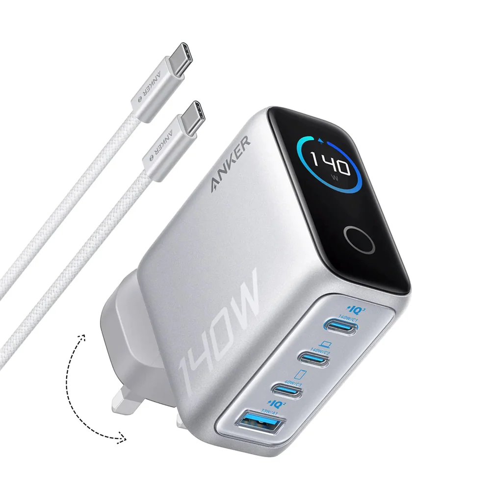Anker Charger B2697 140W, 4-Port PD 3.1 USB-C GaN Fast Charging Adapter with Smart Display – Silver - Image 2