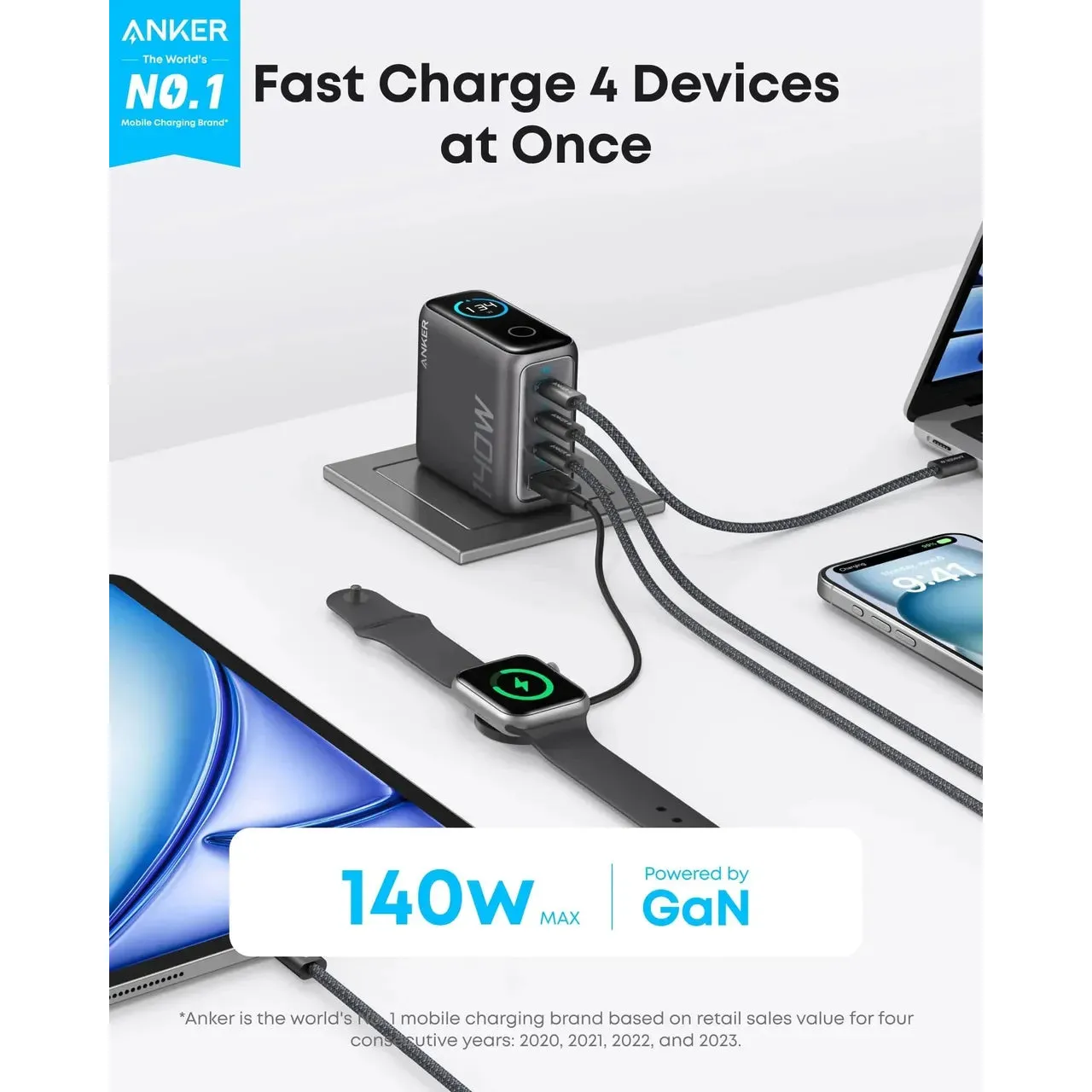 Anker PD Fast Charger 140W, 4-Port, PD 3.1 with USB-C Cable Dark Grey - Image 2