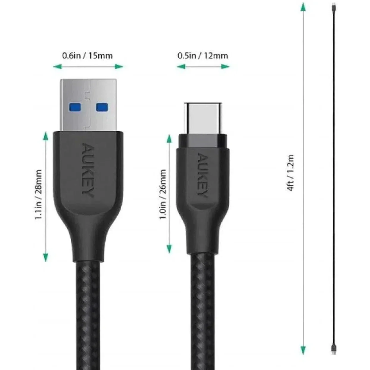 Aukey Braided Nylon Usb 3.1 Gen1 To Usb-C 1.2M Cable - Black - Image 4