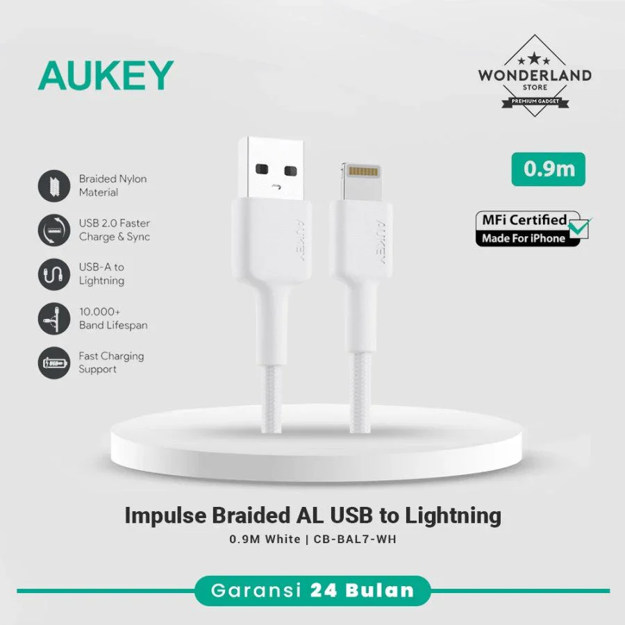 Aukey Nylon Braided Usb A To Lightning Cable - White - Image 2