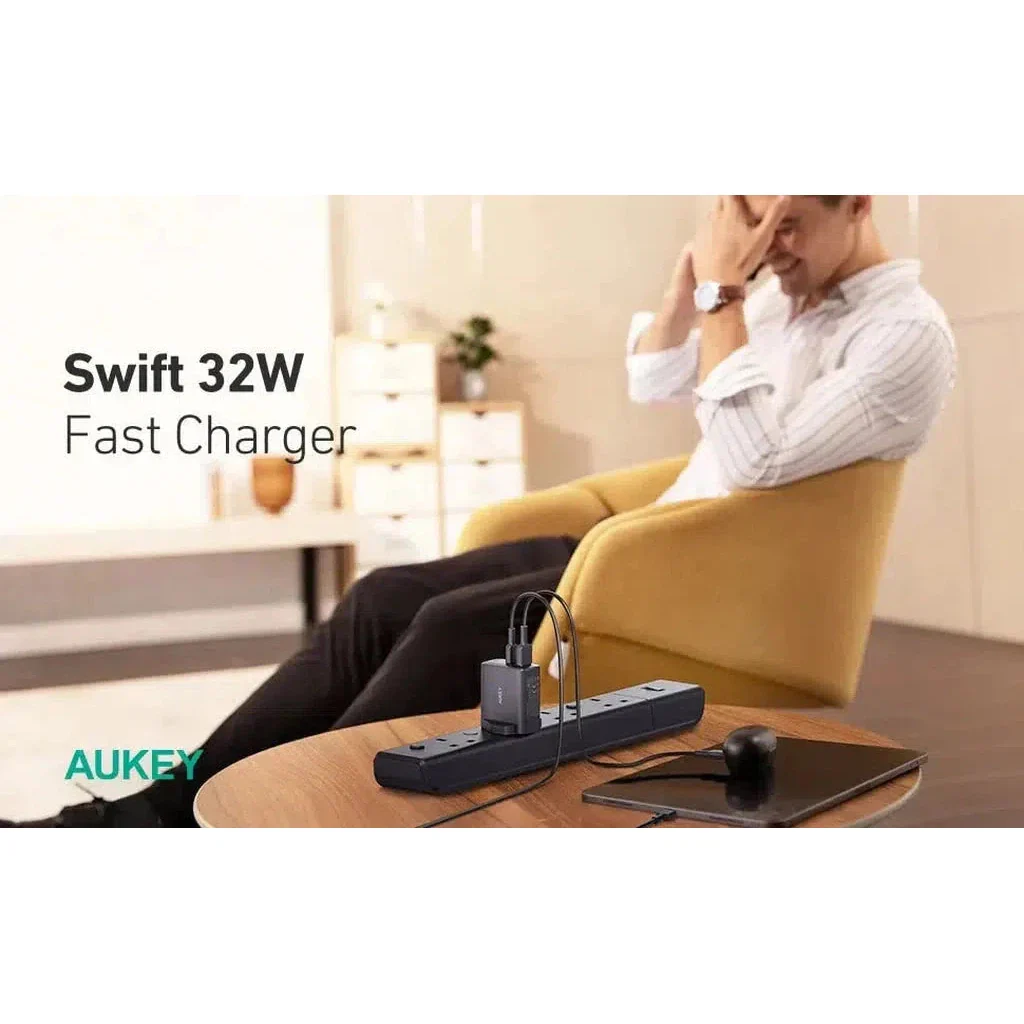 Aukey Pa-F3S Bk Dual Port 32W - Pd Usb C Wall Charger - Black - Image 2