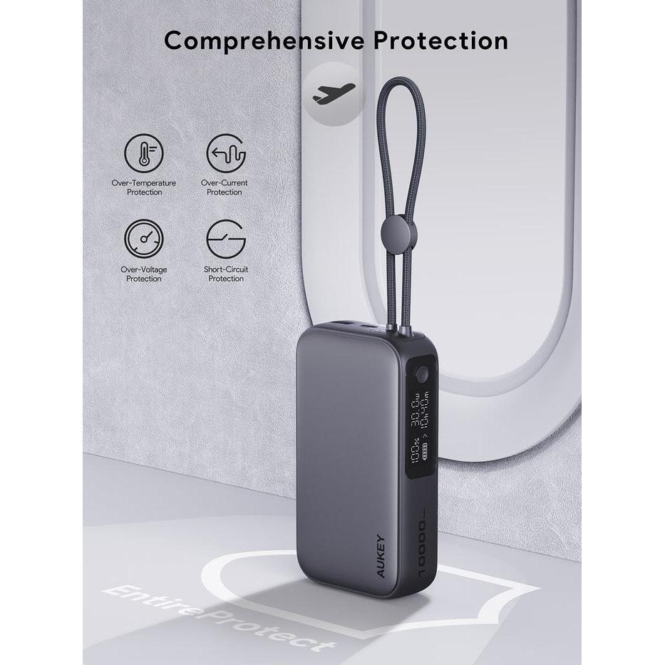 AUKEY PB-Y47 Spark Sling Power Bank with Built-in USB-C Cable - 30W / 10,000mAh / USB-C / Grey - Image 5
