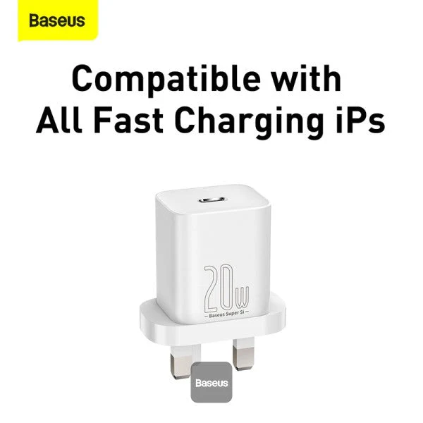 Baseus 20W PD Mini Charger Super Si 1C Wall Charger USB Type C UK and USB Type C - Lightning cable 1M White - Image 2