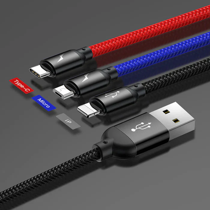 Baseus Three Primary Colors 3-IN-1 Cable USB for M+L+T 3.5A 1.2M Black - Image 2