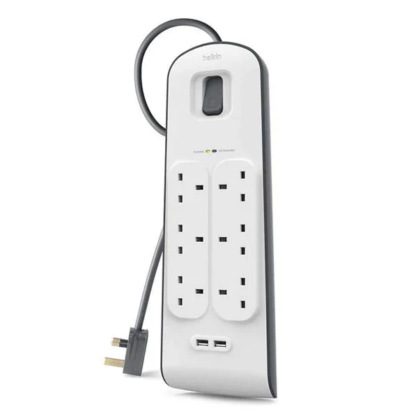 Belkin 6 Way Surge Protection Strip - 2M With 2 X 2.4Amp Usb Charging Power Extension - White - Image 2