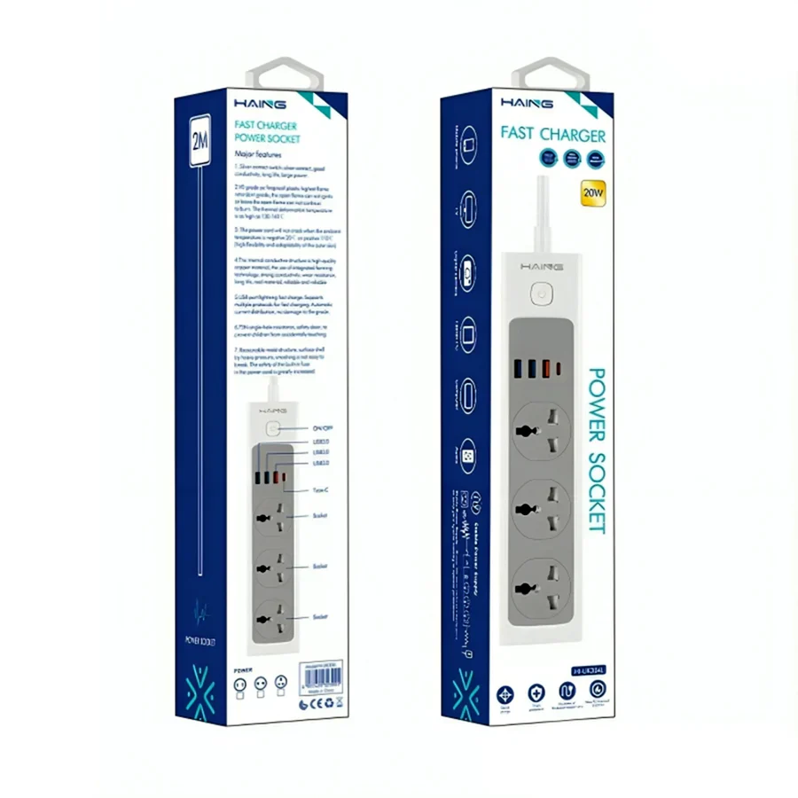 Haing 20W Fast Charger Power Extension with 2m Cable & Safety Shutters UK Sockets - Image 5