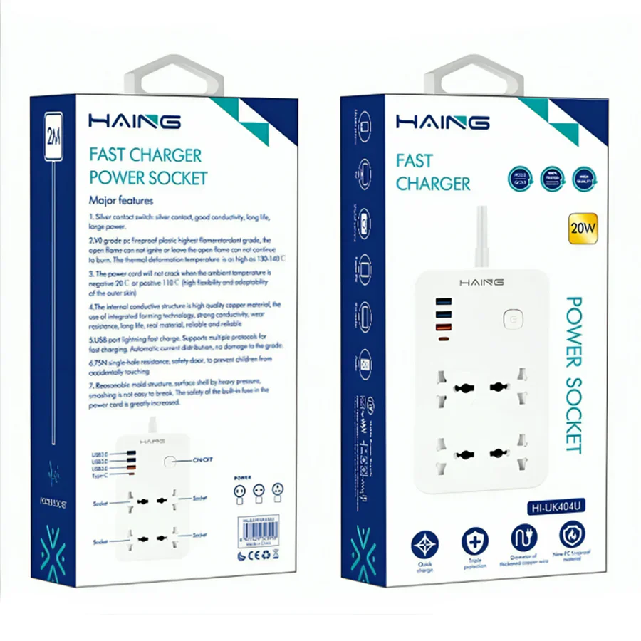 Haing 20W Fast Charger Power Extension with 2m Cable UK Sockets - Image 5