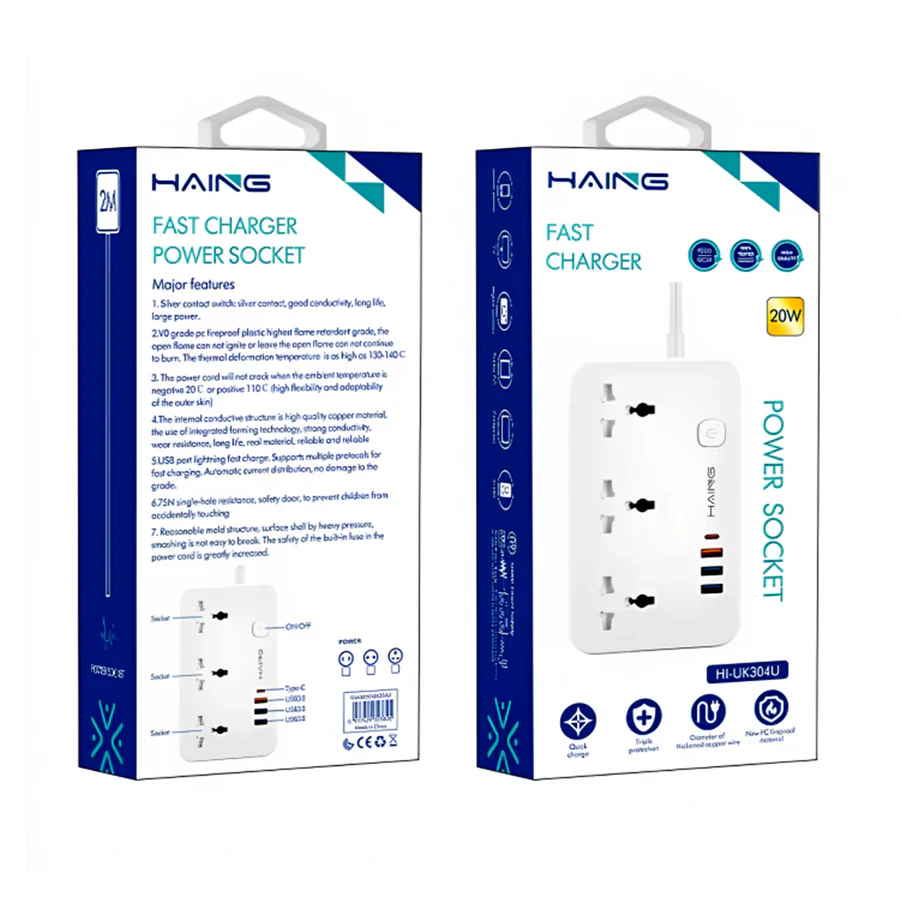 Haing 20W Fast Charger Power Extension with 2m Cable UK Sockets - Image 4