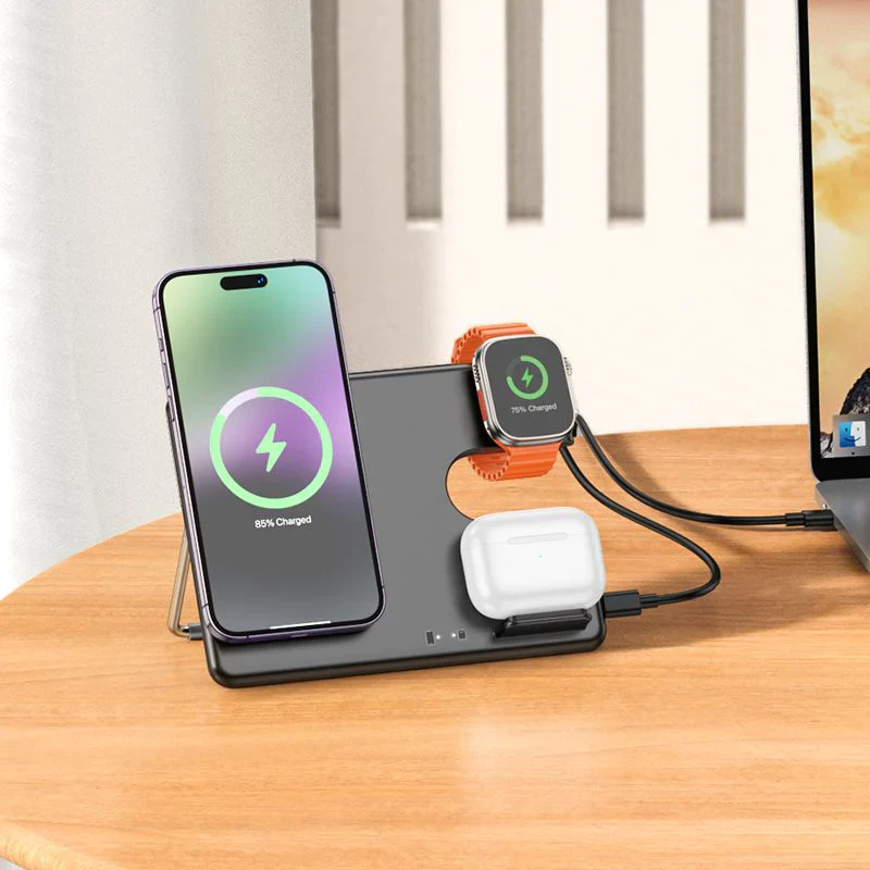 Hoco 3 in 1 15W Magsafe Magnetic Dock Wireless Charger Folding Stand CQ1 - Image 2
