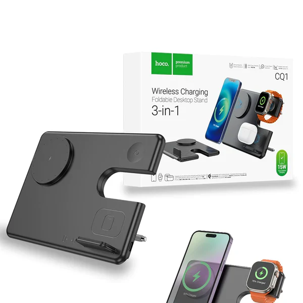 Hoco 3 in 1 15W Magsafe Magnetic Dock Wireless Charger Folding Stand CQ1 - Image 4