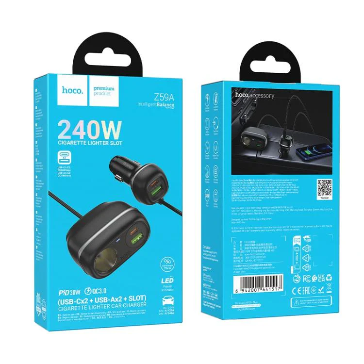 HOCO Dual PD30W + Dual QC3.0 Car Charger – 4-Port Cigarette Lighter Power Adapter - Image 3