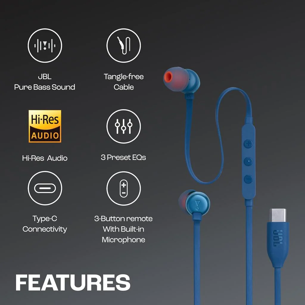 JBL Tune 310C USB-C Headphones - In-ear / Wired / Blue - Image 5