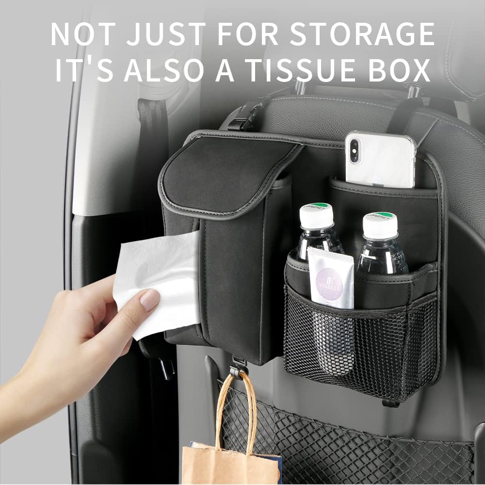JEYODA Car Seat Back Organizer Large Capacity Car Seat Back Storage Bag with Hook Suede Car Tissue Box (Grey) - Image 2
