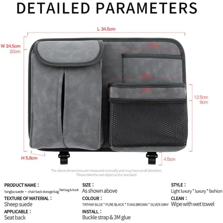 JEYODA Car Seat Back Organizer Large Capacity Car Seat Back Storage Bag with Hook Suede Car Tissue Box (Grey) - Image 3