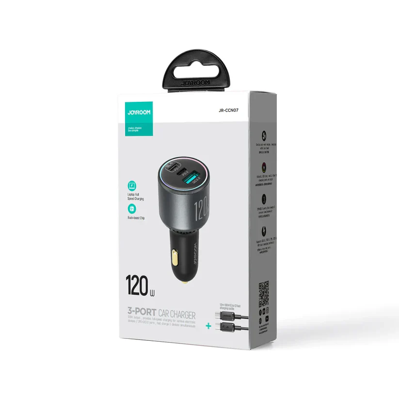 Joyroom 120W Triple Port Car Charger – 2PD + QC3.0 – Dark Gray - Image 4