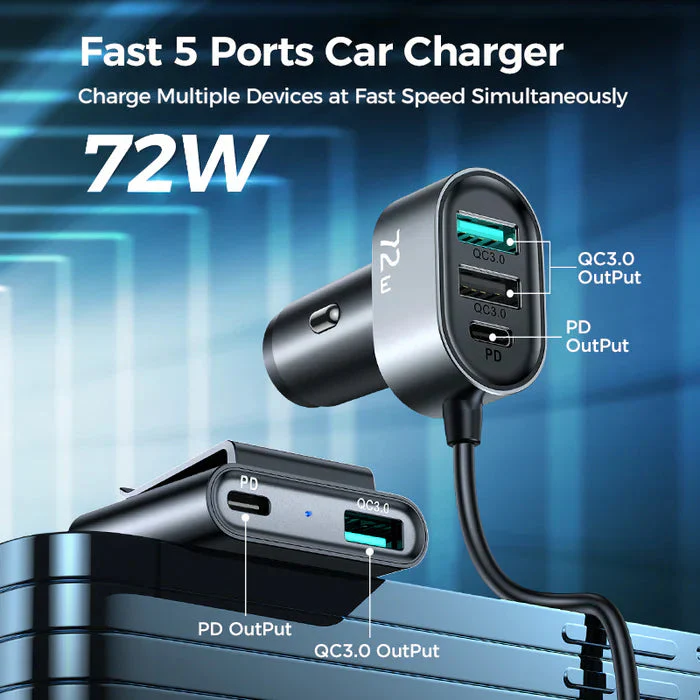 Joyroom 5 multi-port(2 PD + 3 QC3.0) fast car charger - Image 2