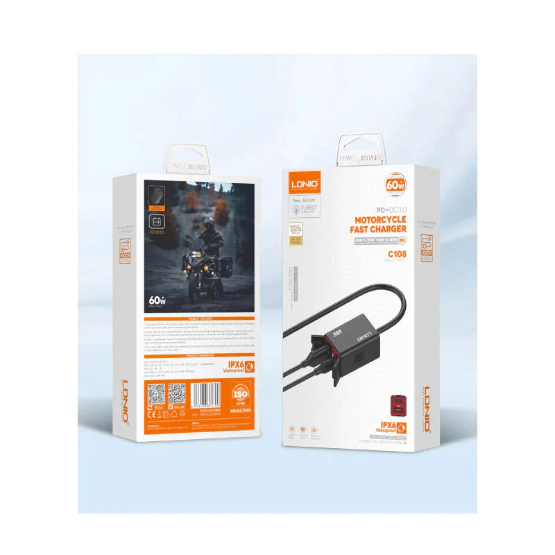 LDNIO C108 Motorcycle Fast Car Charger - 60W / USB-A / Type-C / Black - Image 11