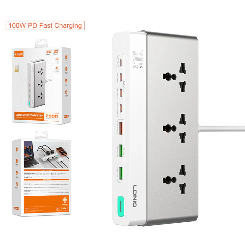 LDNIO SC3 Extension Sockets - 3 Way / 2 Meters / USB-A / USB-C / Lightning / Grey