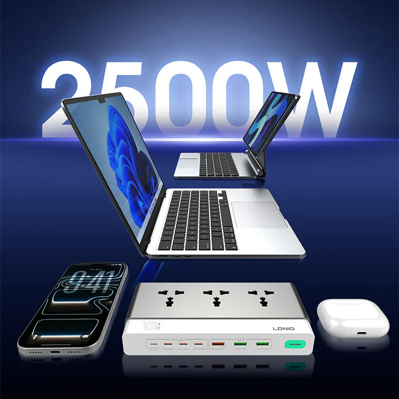 LDNIO SC3 Extension Sockets - 3 Way / 2 Meters / USB-A / USB-C / Lightning / Grey - Image 2