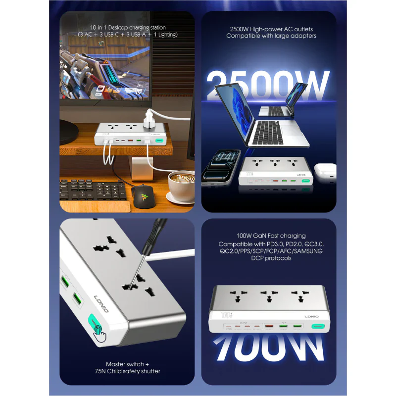LDNIO SC3 Extension Sockets - 3 Way / 2 Meters / USB-A / USB-C / Lightning / Grey - Image 3