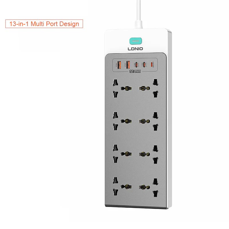 LDNIO SC4 Extension Sockets - 8 Way / 2 Meters / USB-A / USB-C / Lightning / Grey