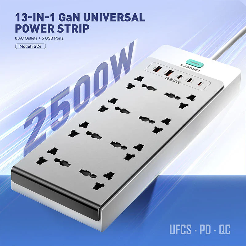 LDNIO SC4 Extension Sockets - 8 Way / 2 Meters / USB-A / USB-C / Lightning / Grey - Image 2