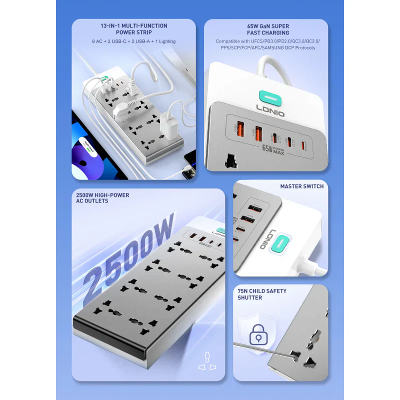 LDNIO SC4 Extension Sockets - 8 Way / 2 Meters / USB-A / USB-C / Lightning / Grey - Image 3