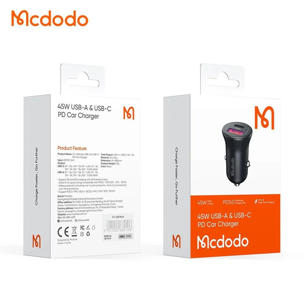 Mcdodo CC-2680 Car Charger USB+USB-C PD Dual Port, 45W, 5A - Image 5