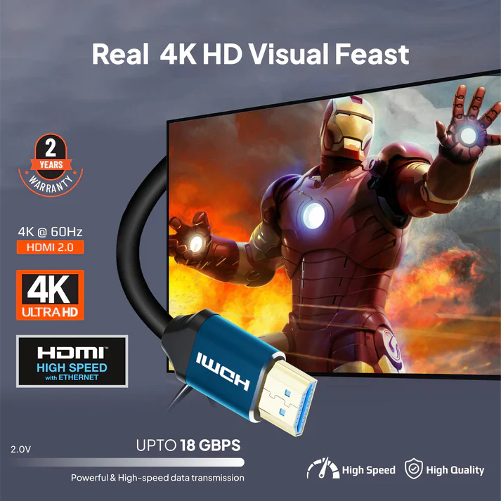 Mowsil HDMI 2.0 Cable 4K@60Hz Ultra HD 18Gbps High Speed HDR 3D Gold-Plated TV PC PS5 Monitor 2-Mtr - Image 3