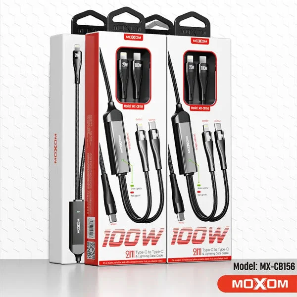 MOXOM 100W 2 In 1 Multi Charging Fast Charger Data Cable Nylon Braided Type-C to Type-C Lightning Data Cable - Black - Image 5