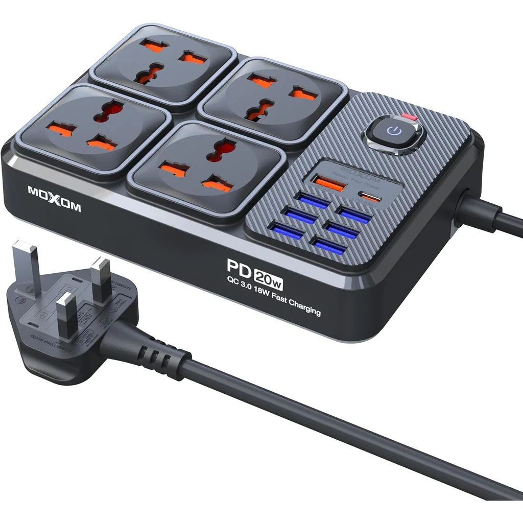 Moxom 12 in 1 2500W Power Strip with Four Triple Sockets - Black