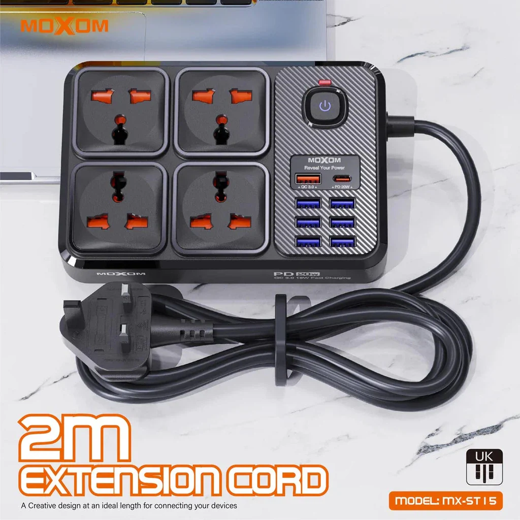 Moxom 12 in 1 2500W Power Strip with Four Triple Sockets - Black - Image 2