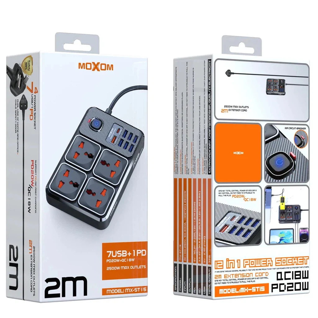 Moxom 12 in 1 2500W Power Strip with Four Triple Sockets - Black - Image 4