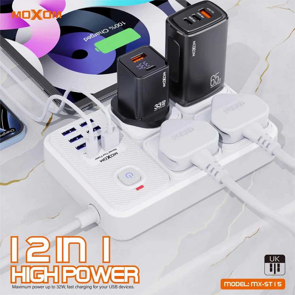 Moxom 12 in 1 2500W Power Strip with Four Triple Sockets - White - Image 2