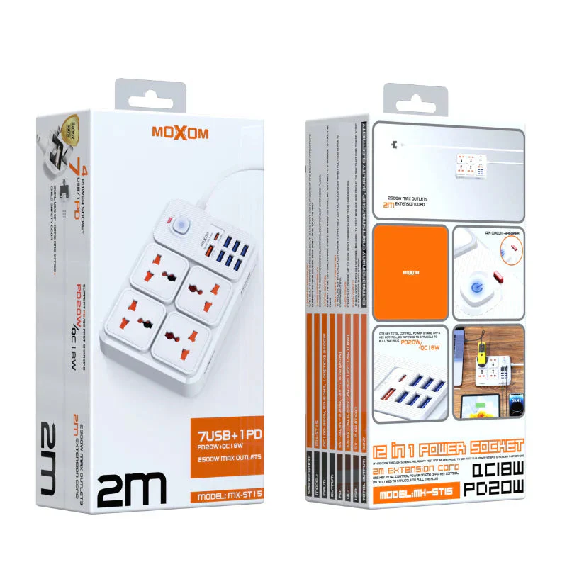 Moxom 12 in 1 2500W Power Strip with Four Triple Sockets - White - Image 3