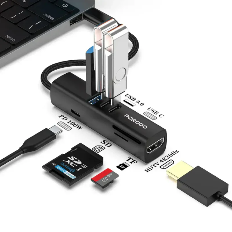 Porodo 7-in-1 Multiport USB Hub - Black - Image 2