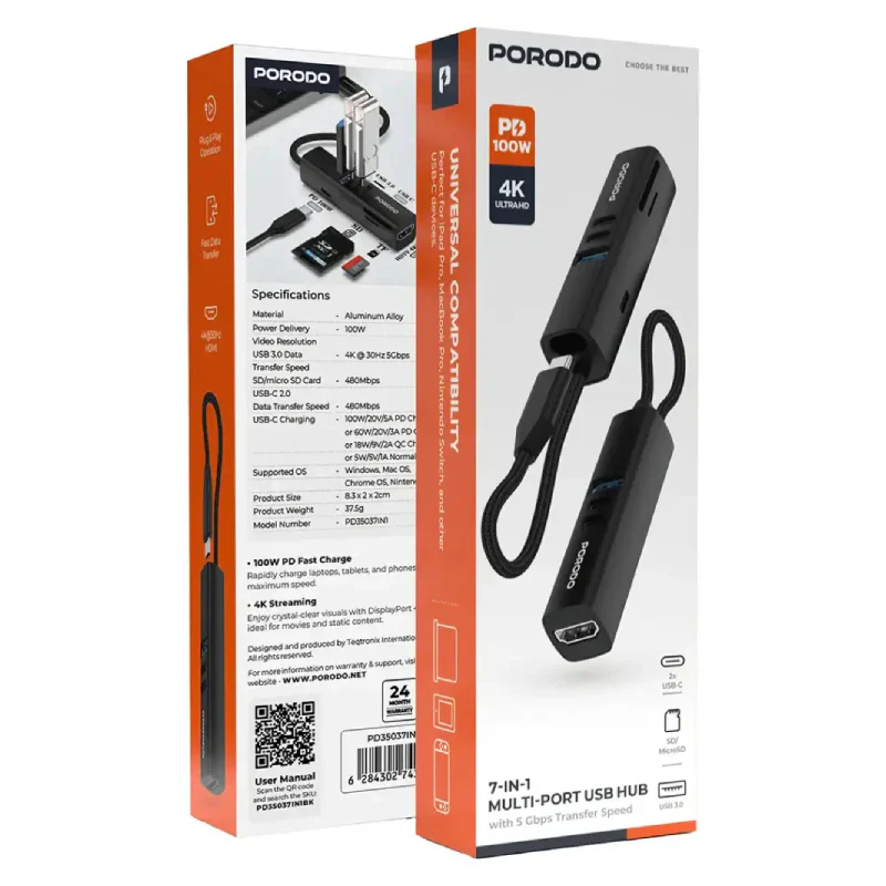 Porodo 7-in-1 Multiport USB Hub - Black - Image 3