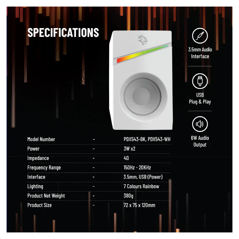 Porodo Gaming Gaming Stereo Wired Speakers Volume Knob Control - 1.1 Meter / 3.5mm Aux / USB - White - Image 3