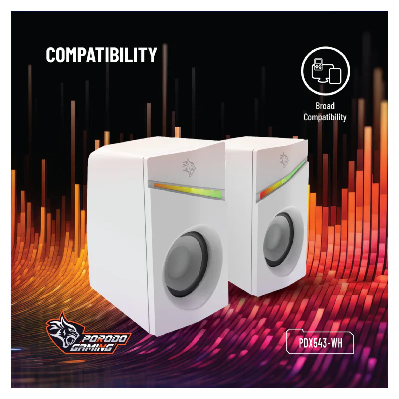 Porodo Gaming Gaming Stereo Wired Speakers Volume Knob Control - 1.1 Meter / 3.5mm Aux / USB - White - Image 4