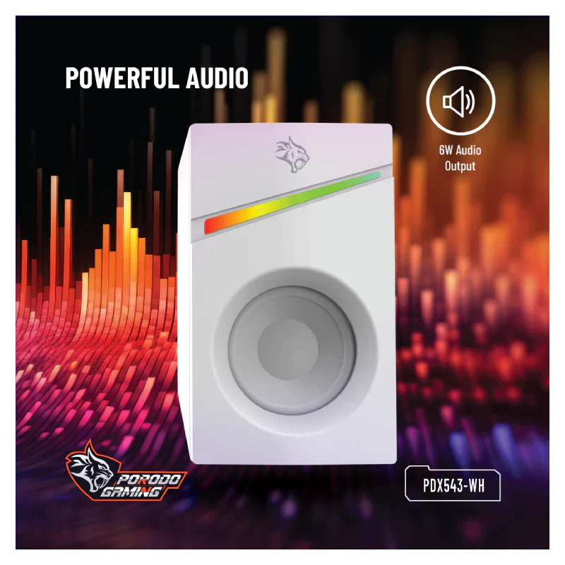 Porodo Gaming Gaming Stereo Wired Speakers Volume Knob Control - 1.1 Meter / 3.5mm Aux / USB - White - Image 5