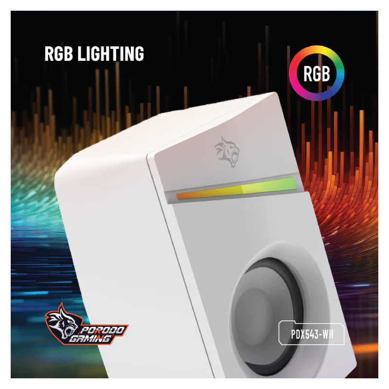 Porodo Gaming Gaming Stereo Wired Speakers Volume Knob Control - 1.1 Meter / 3.5mm Aux / USB - White - Image 6