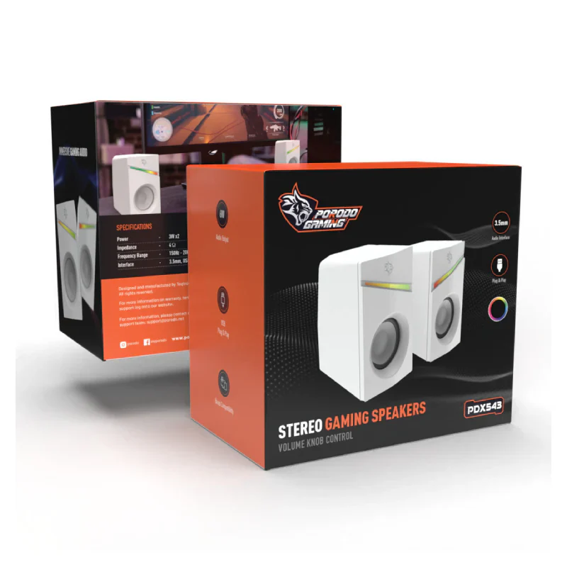 Porodo Gaming Gaming Stereo Wired Speakers Volume Knob Control - 1.1 Meter / 3.5mm Aux / USB - White - Image 7