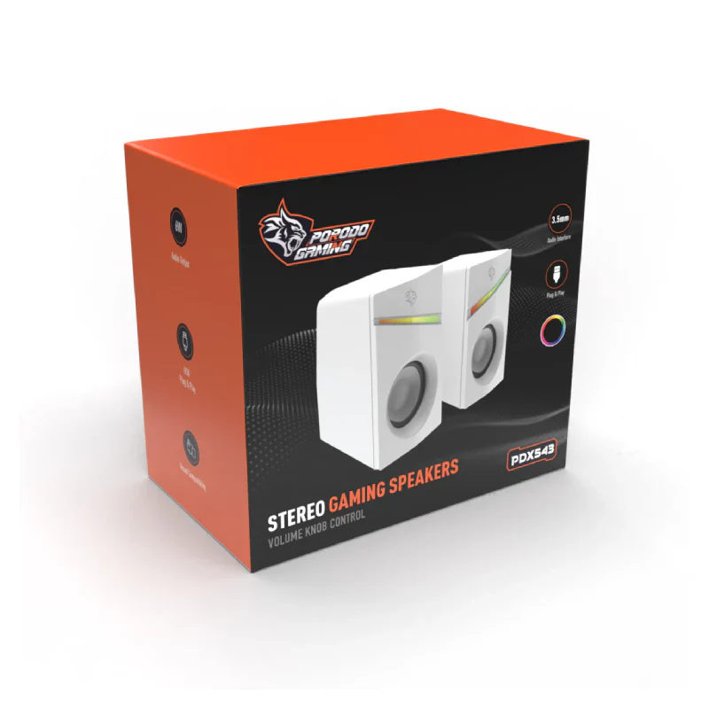 Porodo Gaming Gaming Stereo Wired Speakers Volume Knob Control - 1.1 Meter / 3.5mm Aux / USB - White - Image 8