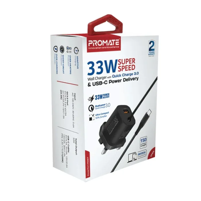 Promate 33W Super Speed USB-C PD QC Wall Charger Black - Image 2