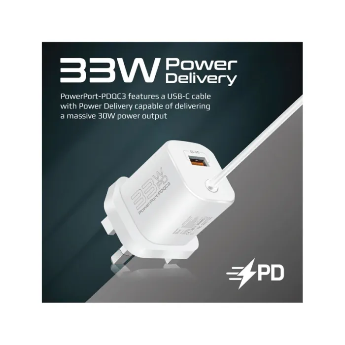 Promate 33W Super Speed USB-C PD QC Wall Charger White - Image 3
