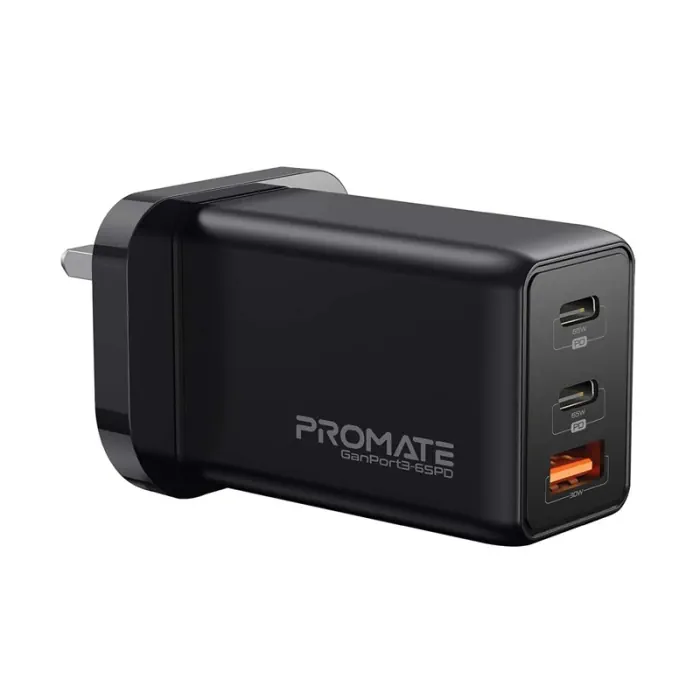 Promate 65W Power Delivery GaNFast Charging Adaptor UK Plug Charge From Earbuds to Macbook Pro 16" Black