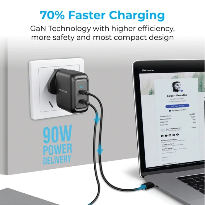 Promate 90W Power Delivery GaNFast Charging Adaptor - Image 4