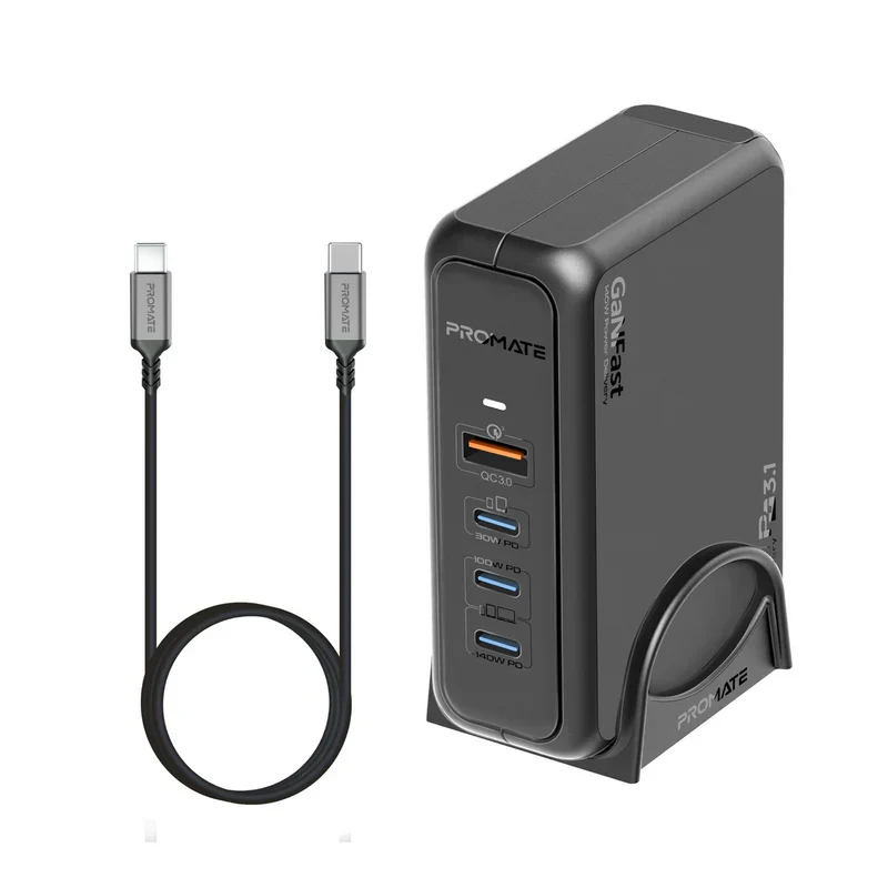 PROMATE GaNPort-140W Power Delivery With Charging Station - 140W / USB-C / USB-A / Black